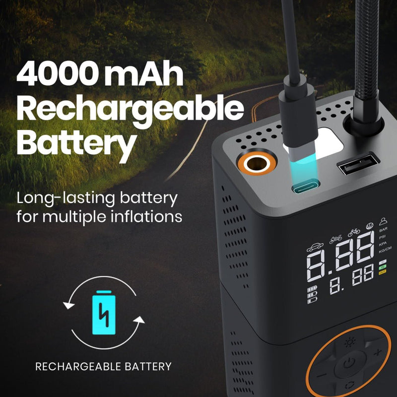 Portable Digital Tyre Inflator 150 PSI with LED Display, 4000mAh Rechargeable Battery & Auto Shut-Off for Car, Bike, Cycle & Sports Balls