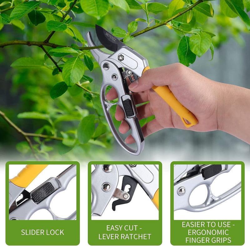 Ratchet Pruning Shears for Gardening Color: YELLOW | Heavy Duty Bypass Cutter for Plants, Branches & Flowers