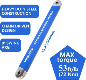 Close-up of chrome vanadium offset wrench with ergonomic grip handle