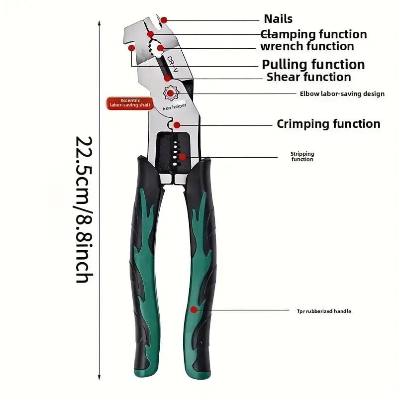 Combination plier showing clamping nail pulling crimping and wire stripping functions