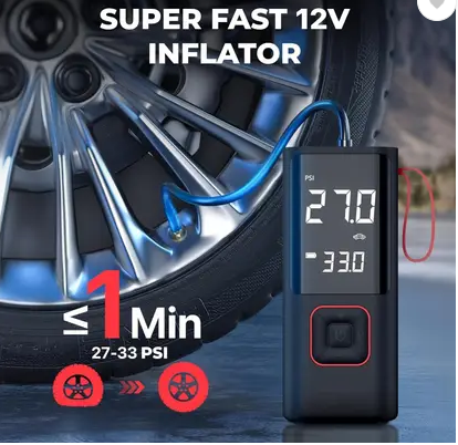 Fast 12V inflation portable pump inflates tire in 1 minute