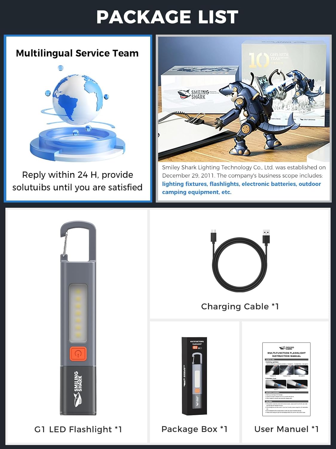 Rechargeable LED flashlight package contents