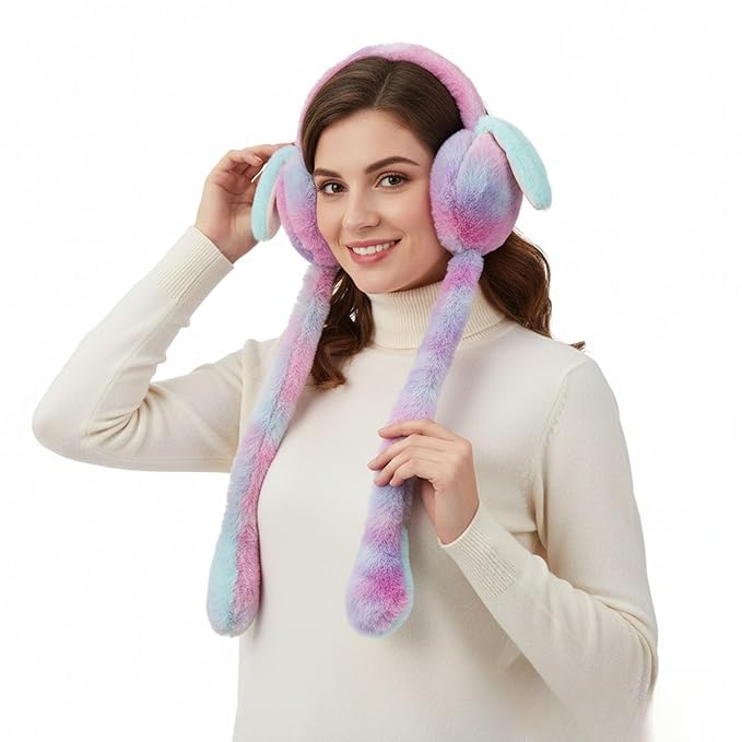 Display of fluffy pastel bunny earmuff headbands in assorted colors