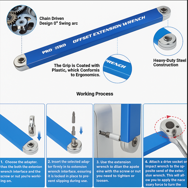 Offset Extension Wrench | Heavy-Duty Chrome Vanadium Steel Ratchet Adapter for Tight Spaces