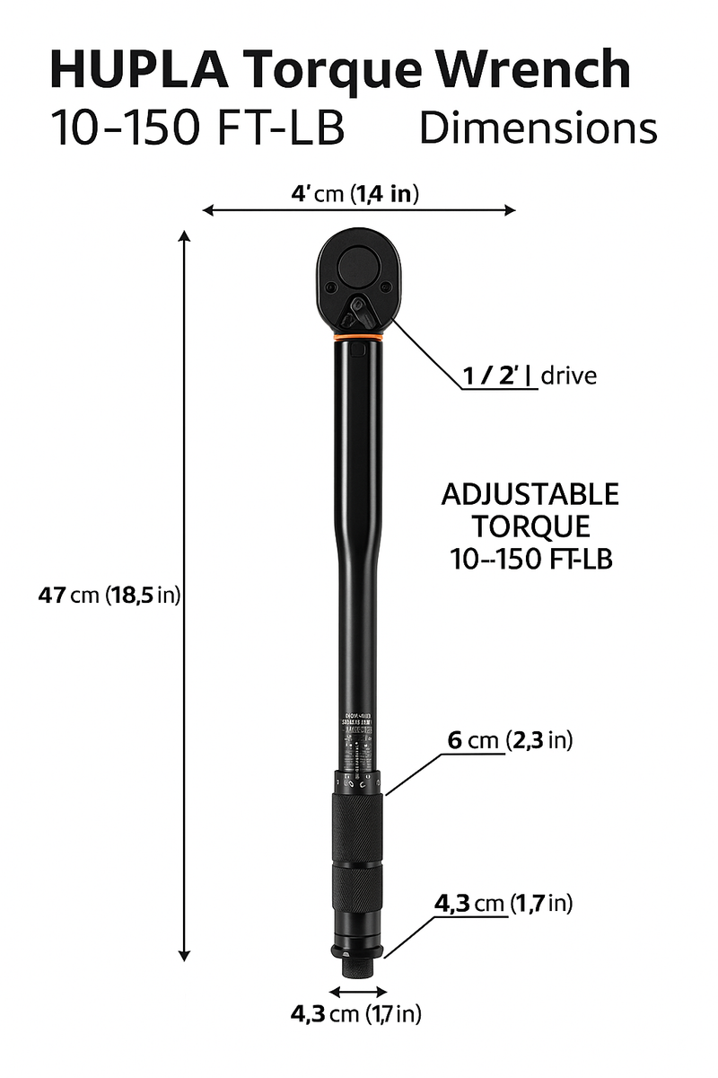 HUPLA 1/2-Inch Drive Torque Wrench 10–150 ft-lb | Adjustable Click Type Torque Wrench with ±4% Accuracy & Storage Case