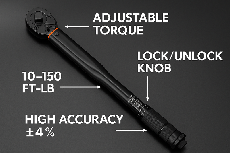HUPLA 1/2-Inch Drive Torque Wrench 10–150 ft-lb | Adjustable Click Type Torque Wrench with ±4% Accuracy & Storage Case