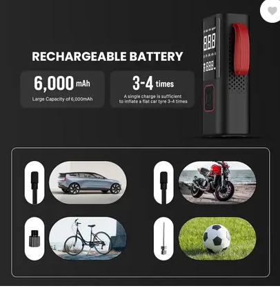 Rechargeable Portable Tyre Inflator Air Compressor Pump for Car, Bike, Ball – 6000mAh | Digital Display | 12V Fast Inflation