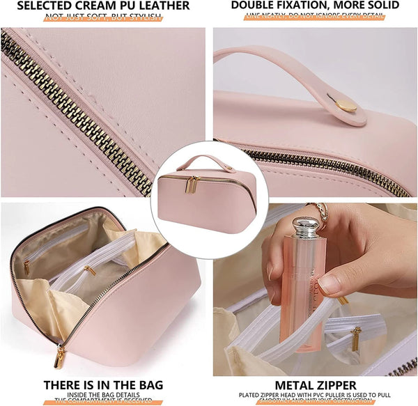 Large Capacity Travel Cosmetic Bag for Women | Waterproof PU Leather Makeup Organizer with Handle | Portable Vanity Storage Case