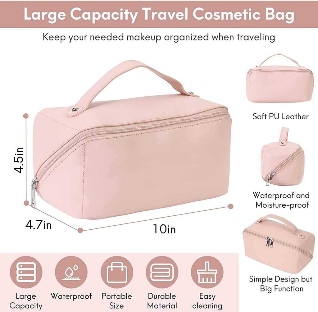 Large Capacity Travel Cosmetic Bag for Women | Waterproof PU Leather Makeup Organizer with Handle | Portable Vanity Storage Case