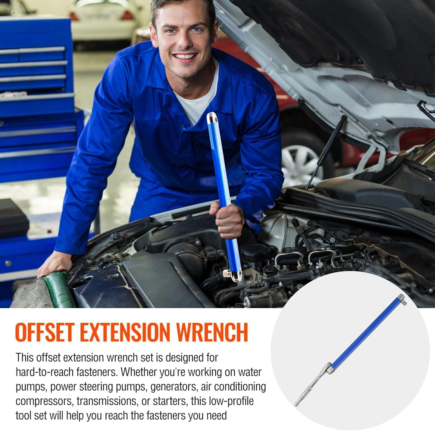 Mechanic using offset extension wrench for automotive repair