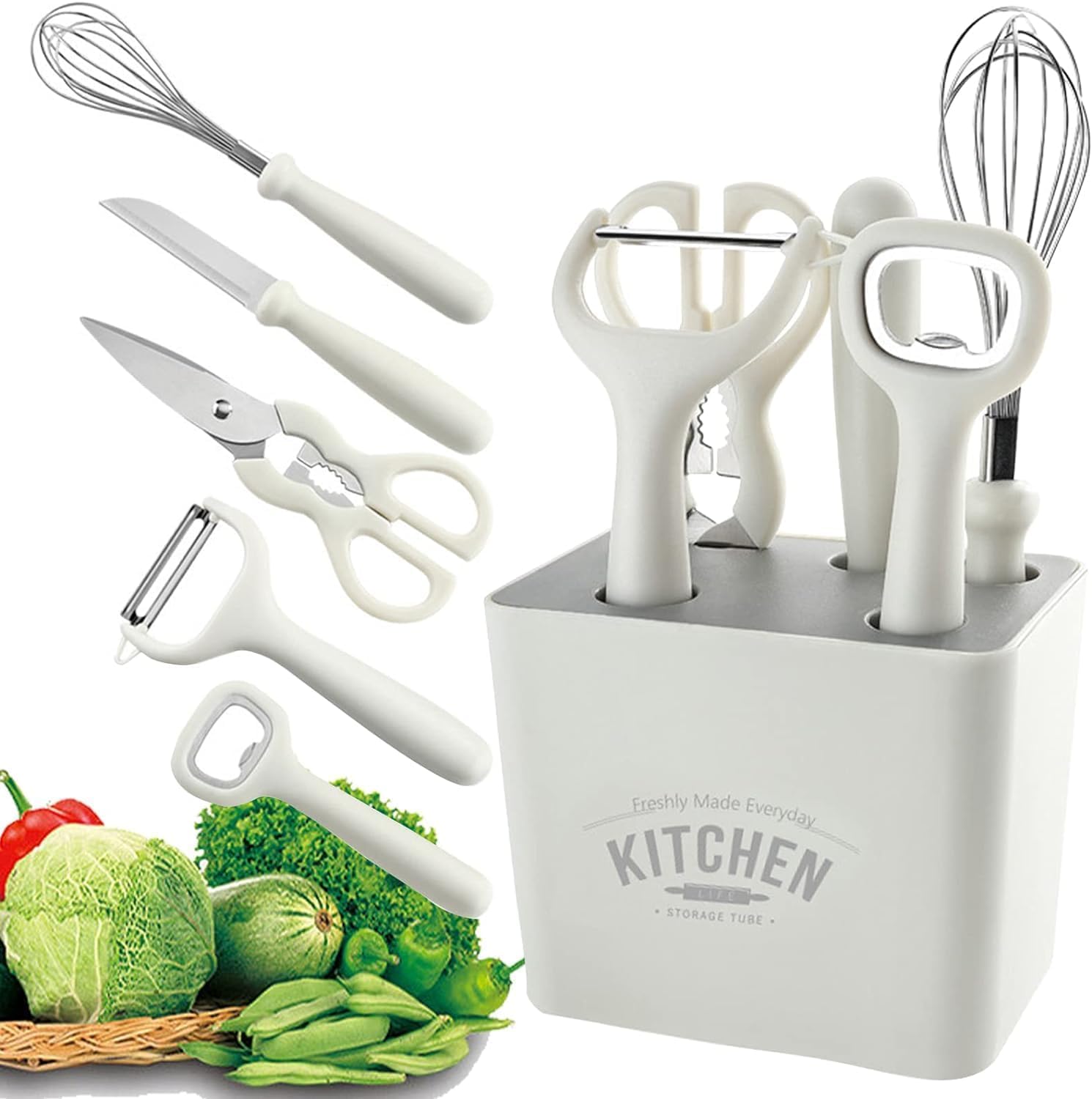 Multi-Purpose Kitchen Tool Set with Knife, Peeler, and Scissor in Use