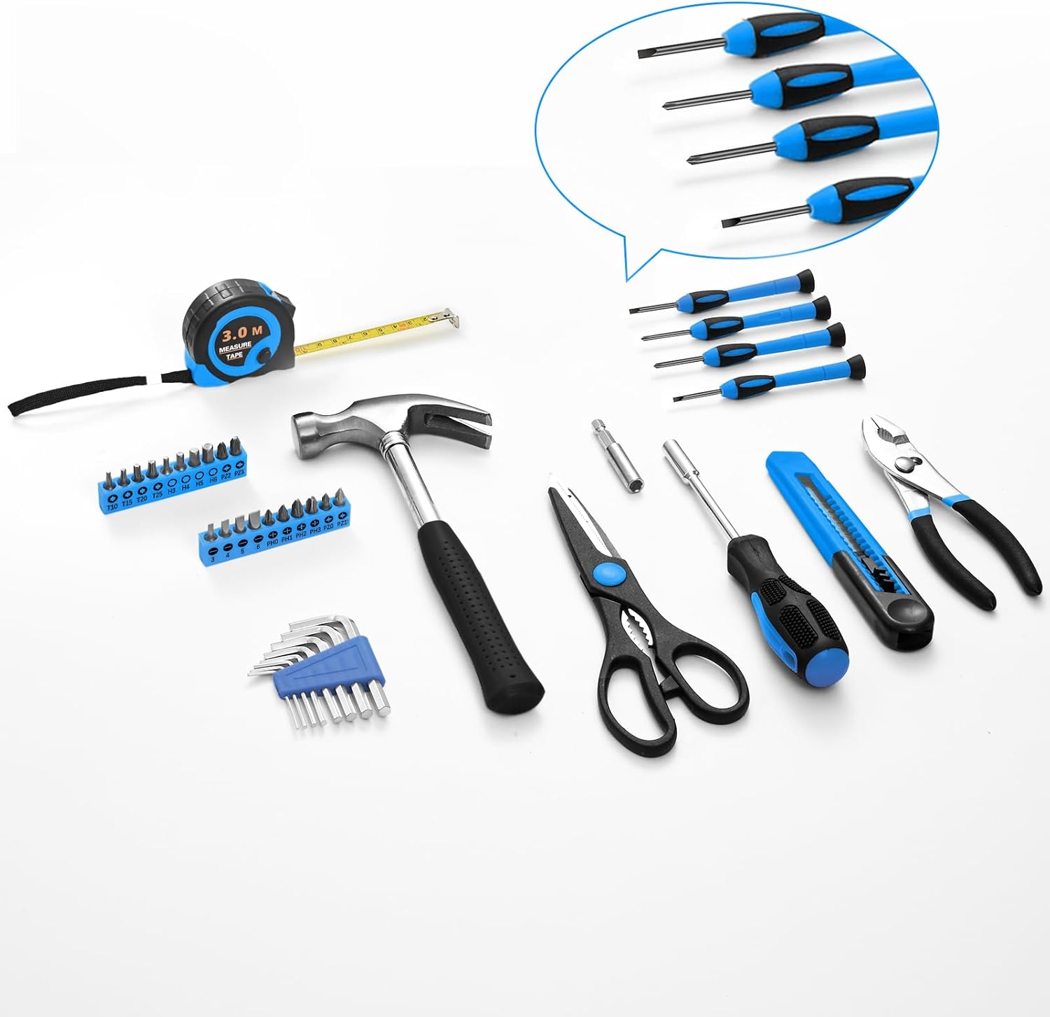 39 piece tool kit with all tools displayed on white background