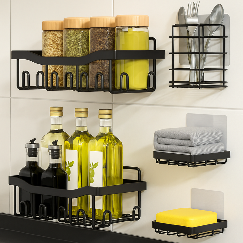5-Piece Wall Mounted Bathroom & Kitchen Storage Rack Set | Adhesive Organizer Shelves