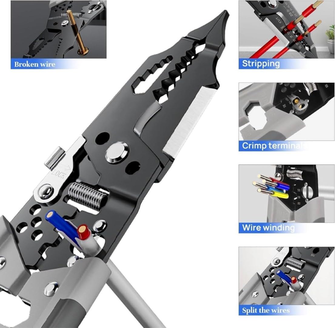 Diagram of 28-in-1 multifunction wire stripper with labeled functions