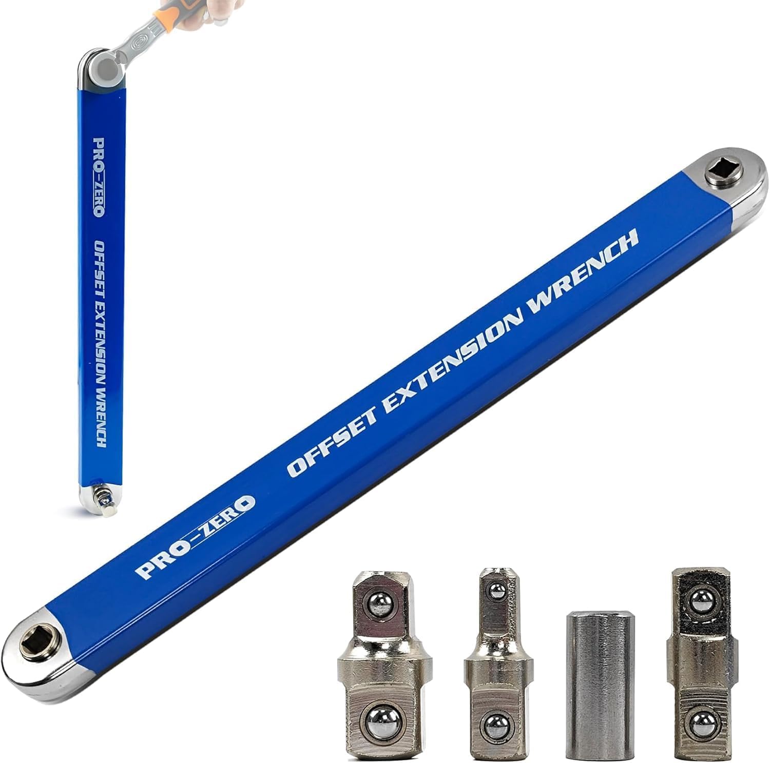 Offset extension wrench with interchangeable heads on a white background