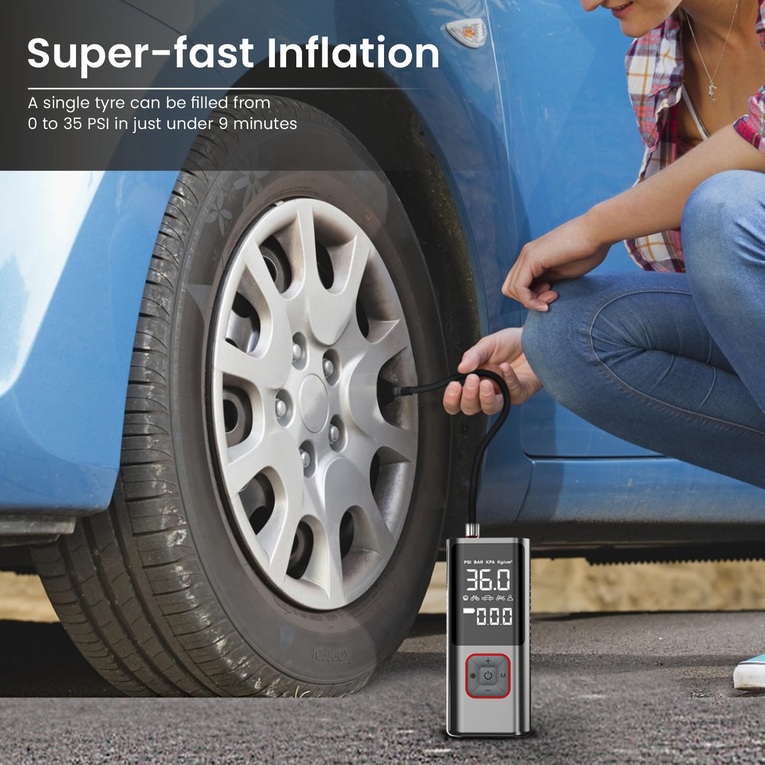 Compact cordless air pump with ergonomic handle for easy carrying