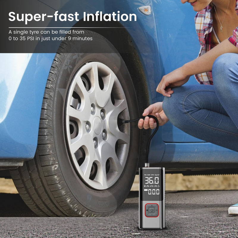 Rechargeable Portable Tyre Inflator Air Compressor Pump for Car, Bike, Ball – 6000mAh | Digital Display | 12V Fast Inflation