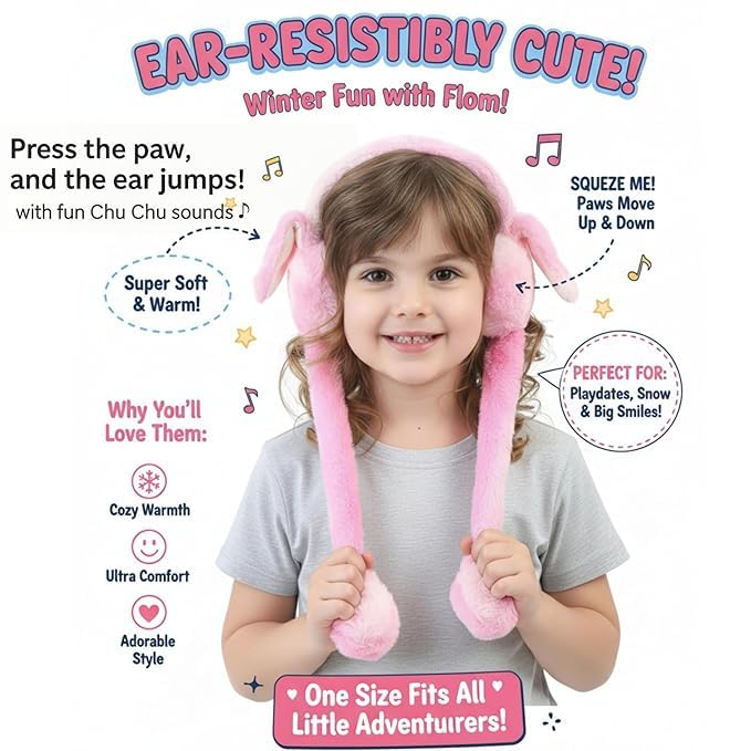 Child wearing pastel rainbow bunny earmuffs with long ear extensions