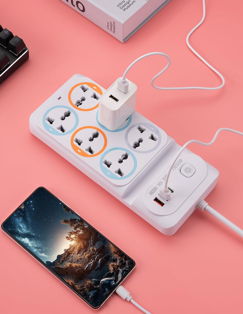 6 Socket Extension Board with USB Ports | 10A 1800W Power Strip for Home & Office