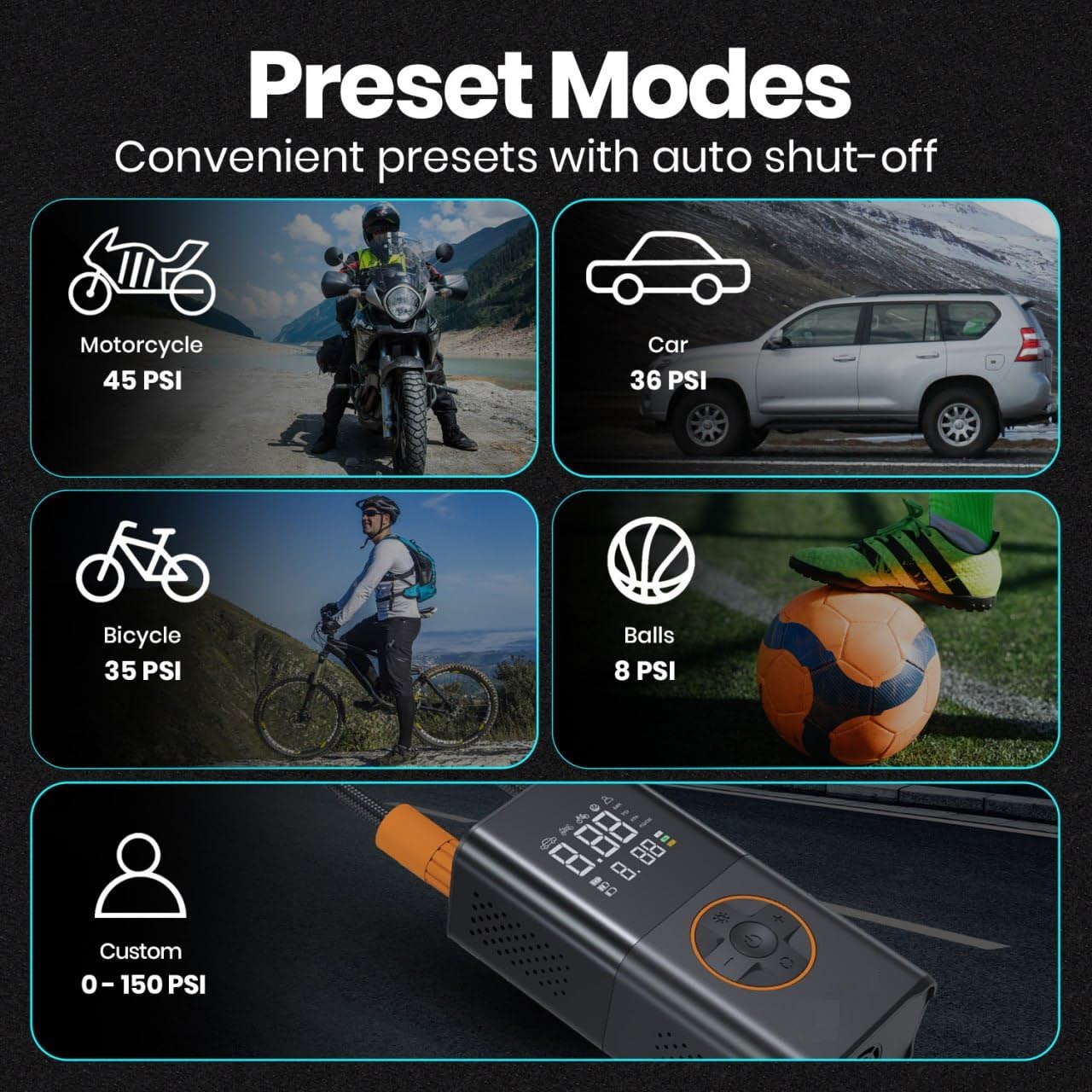 Tire Inflator with Preset Pressure Modes for Car, Bike & Balls