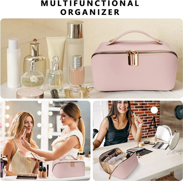Large Capacity Travel Cosmetic Bag for Women | Waterproof PU Leather Makeup Organizer with Handle | Portable Vanity Storage Case