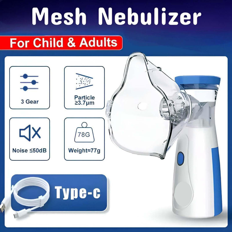 Portable Mesh Nebulizer for Adults & Kids | Silent Inhaler Machine with USB Type-C Rechargeable Battery | Handheld Nebulizer for Asthma, Cold & Breathing Relief