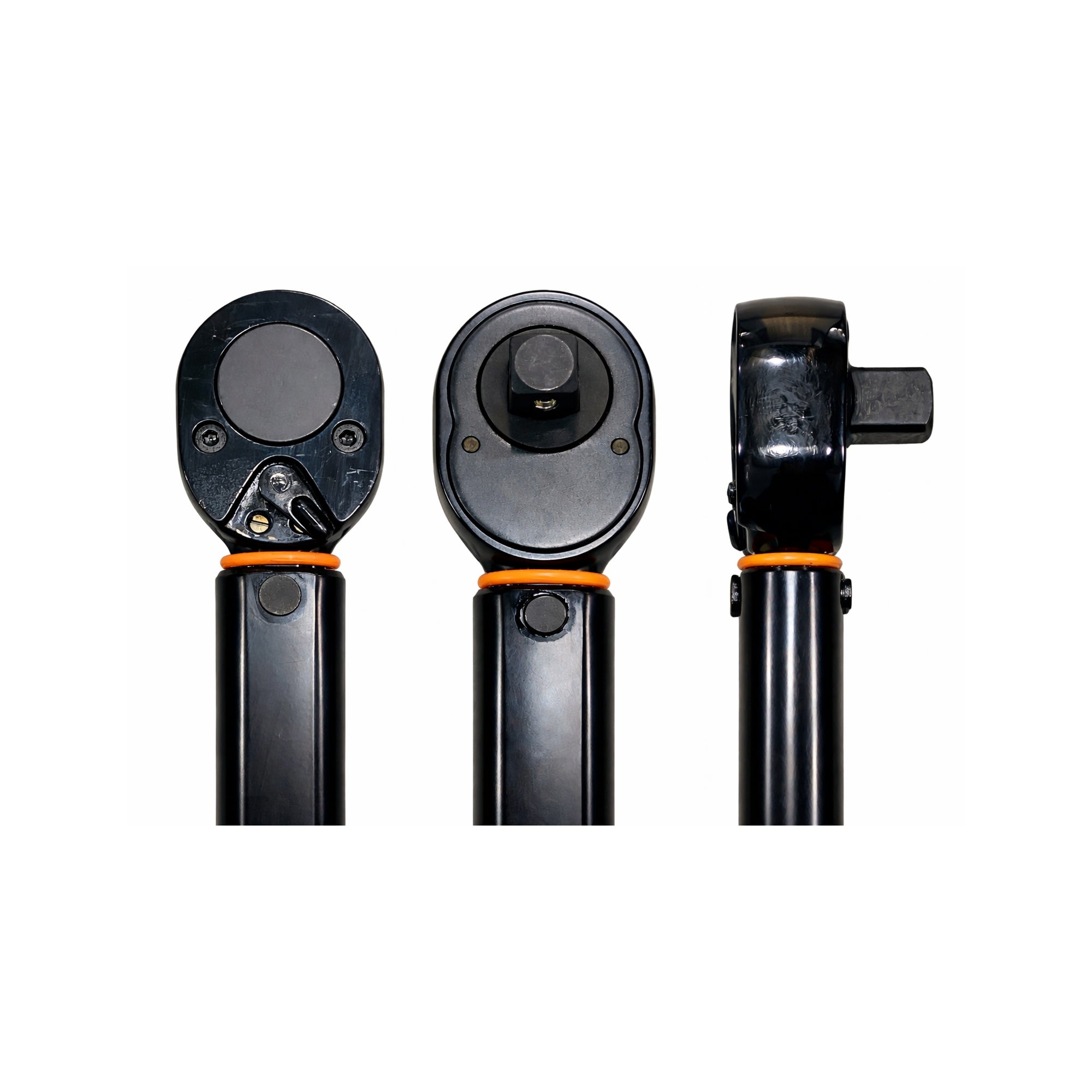 Torque wrench ratchet head showing front back and side views for square drive socket fitting