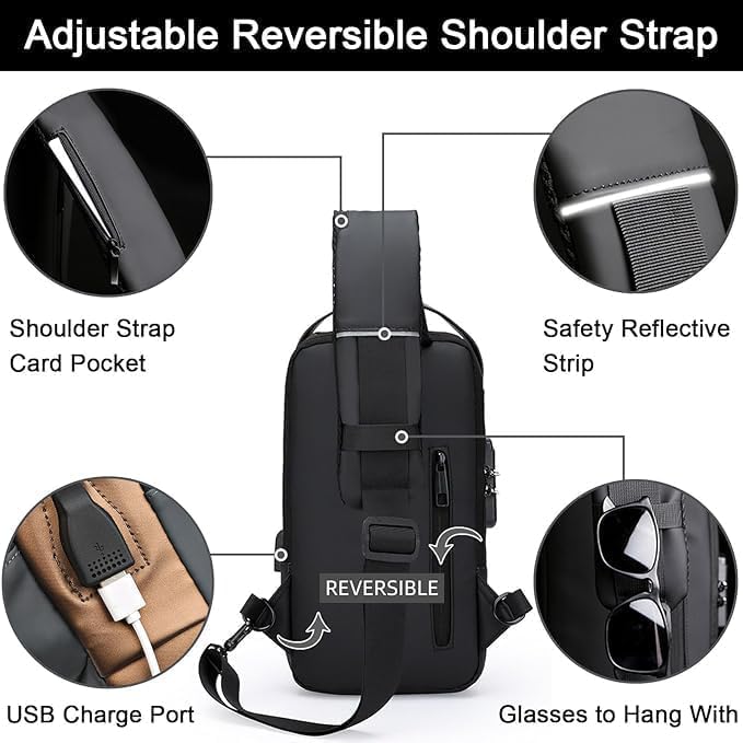 Travel Crossbody Sling Bag with USB Charging Port and Security Lock