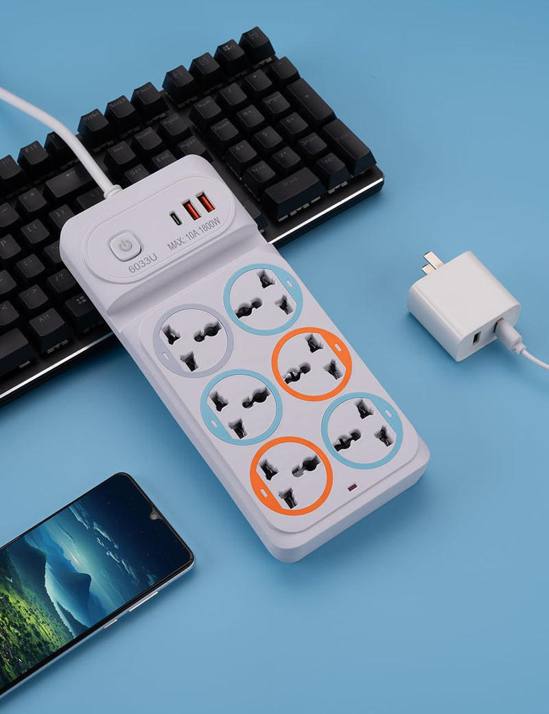 6 Socket Extension Board with USB Ports | 10A 1800W Power Strip for Home & Office