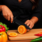 Person cutting an orange using heavy duty utility knife