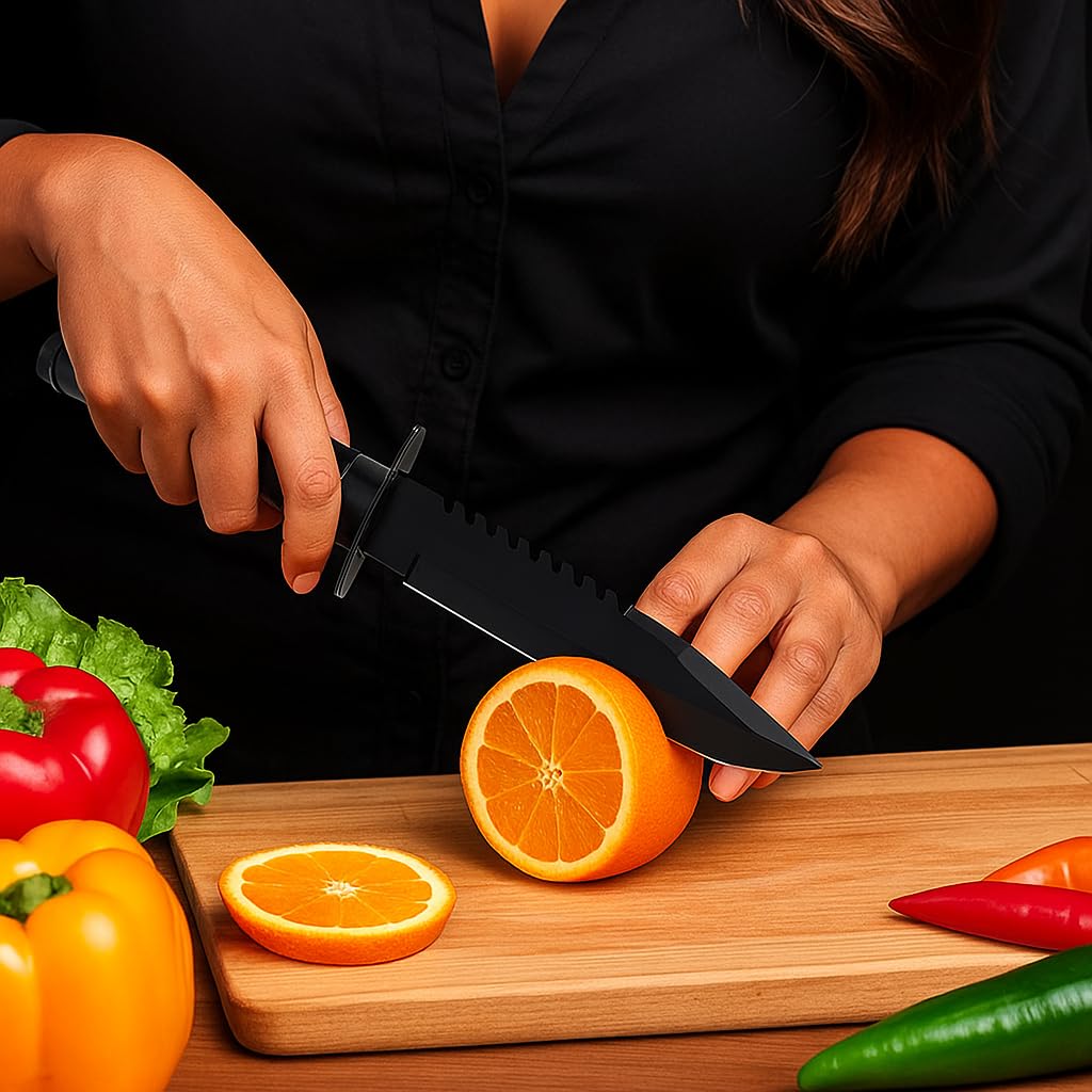 Person cutting an orange using heavy duty utility knife