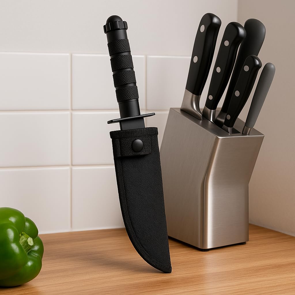 Utility knife in protective sheath displayed on kitchen countertop