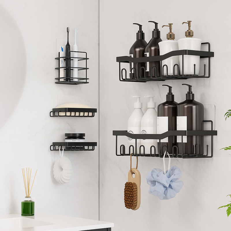 5-Piece Wall Mounted Bathroom & Kitchen Storage Rack Set | Adhesive Organizer Shelves