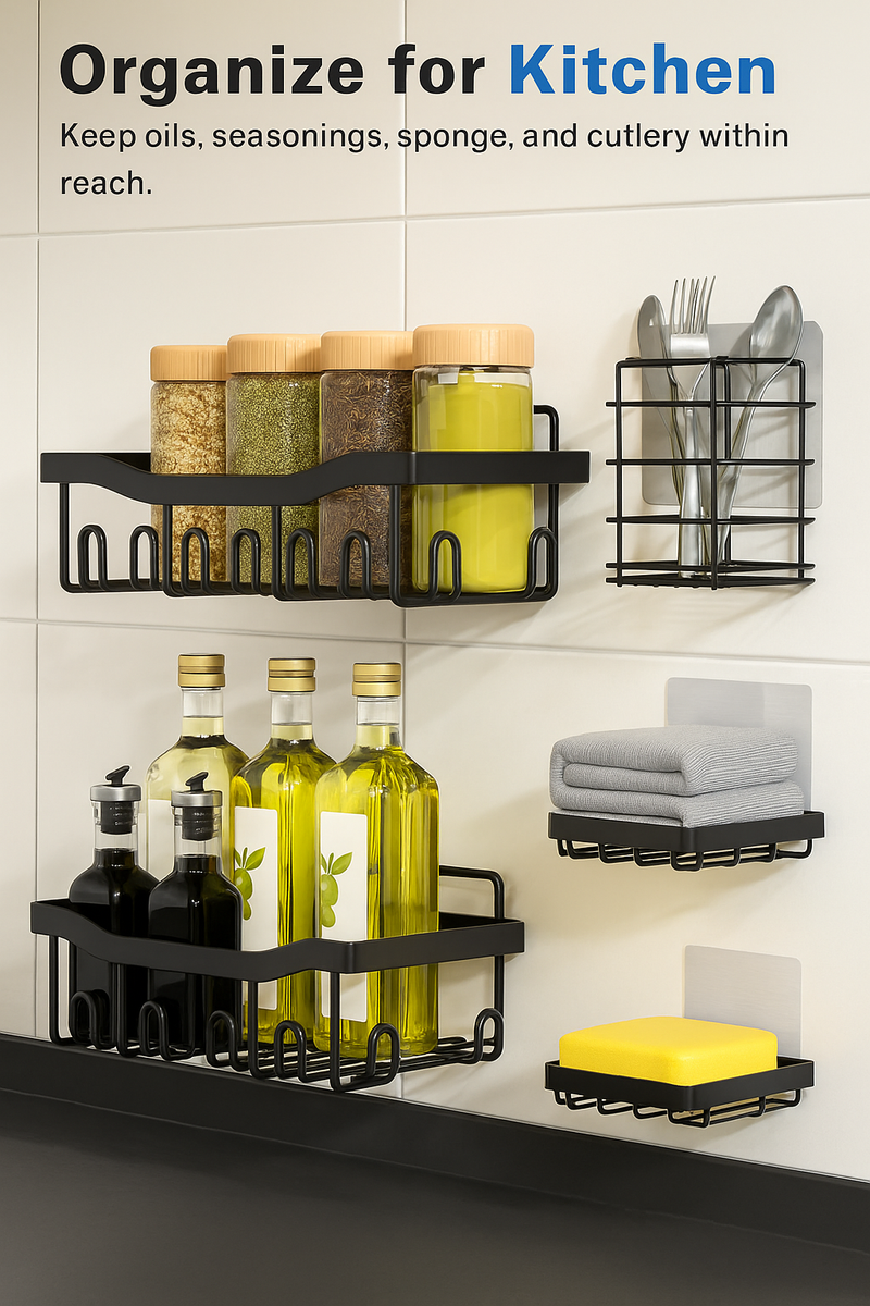 5-Piece Wall Mounted Bathroom & Kitchen Storage Rack Set | Adhesive Organizer Shelves